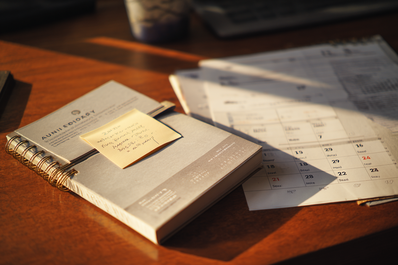 Spiral-bound report with a handwritten sticky note on a wooden desk beside overdue calendar pages