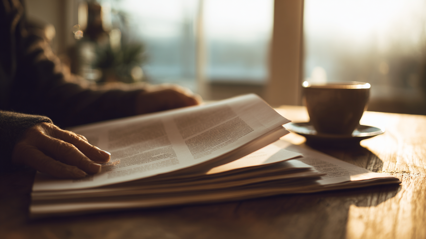 A hand slowly turning pages of a document on a wooden table, bathed in warm golden light from a nearby window